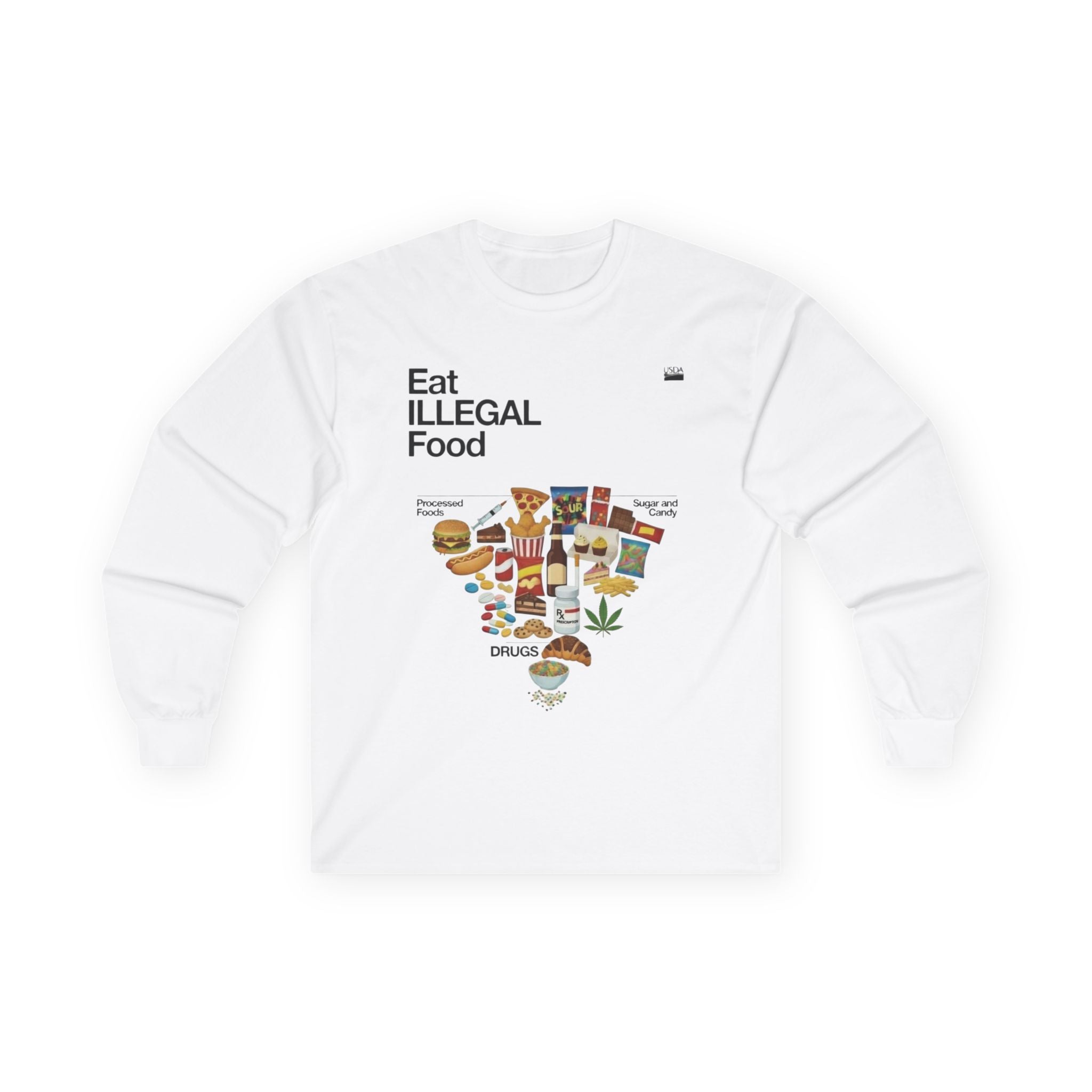 Eat Illegal Food long sleeve tee | Illustration of exotic snacks, food icons