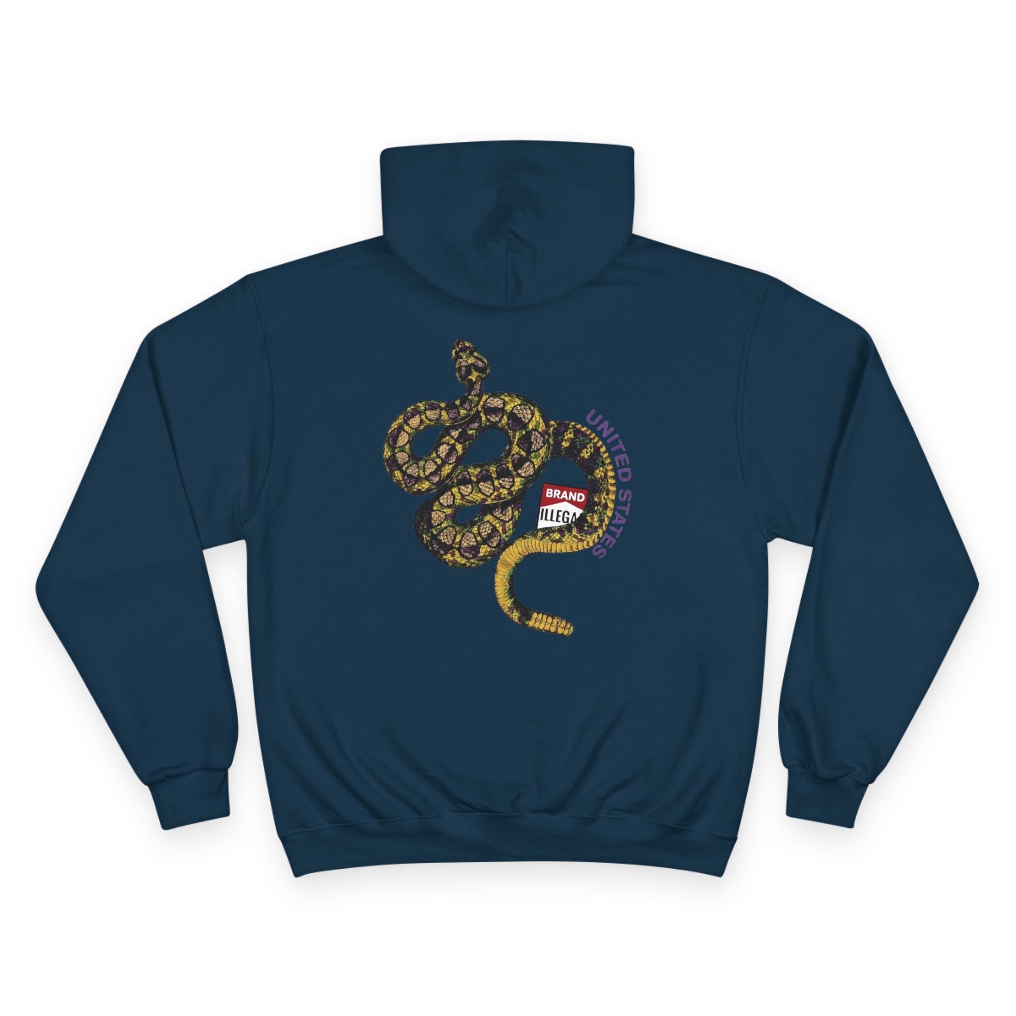 ILLEGAL Rattlesnake Champion Hoodie | Coiled Snake Graphic, Distressed Yellow Text