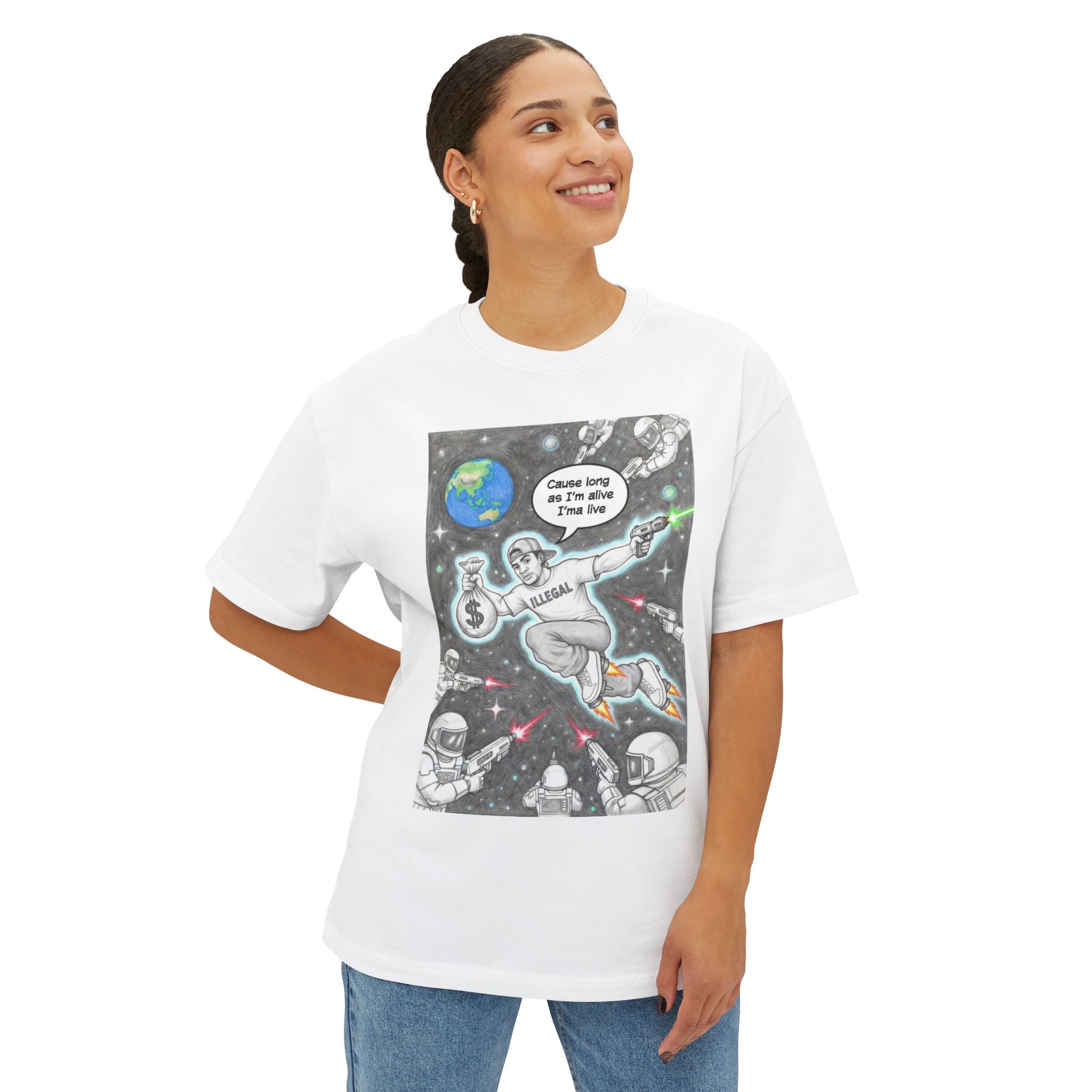 Live ILLEGAL Astronaut Skateboarder Illustration Tee | Space Skateboard Graphic Tee