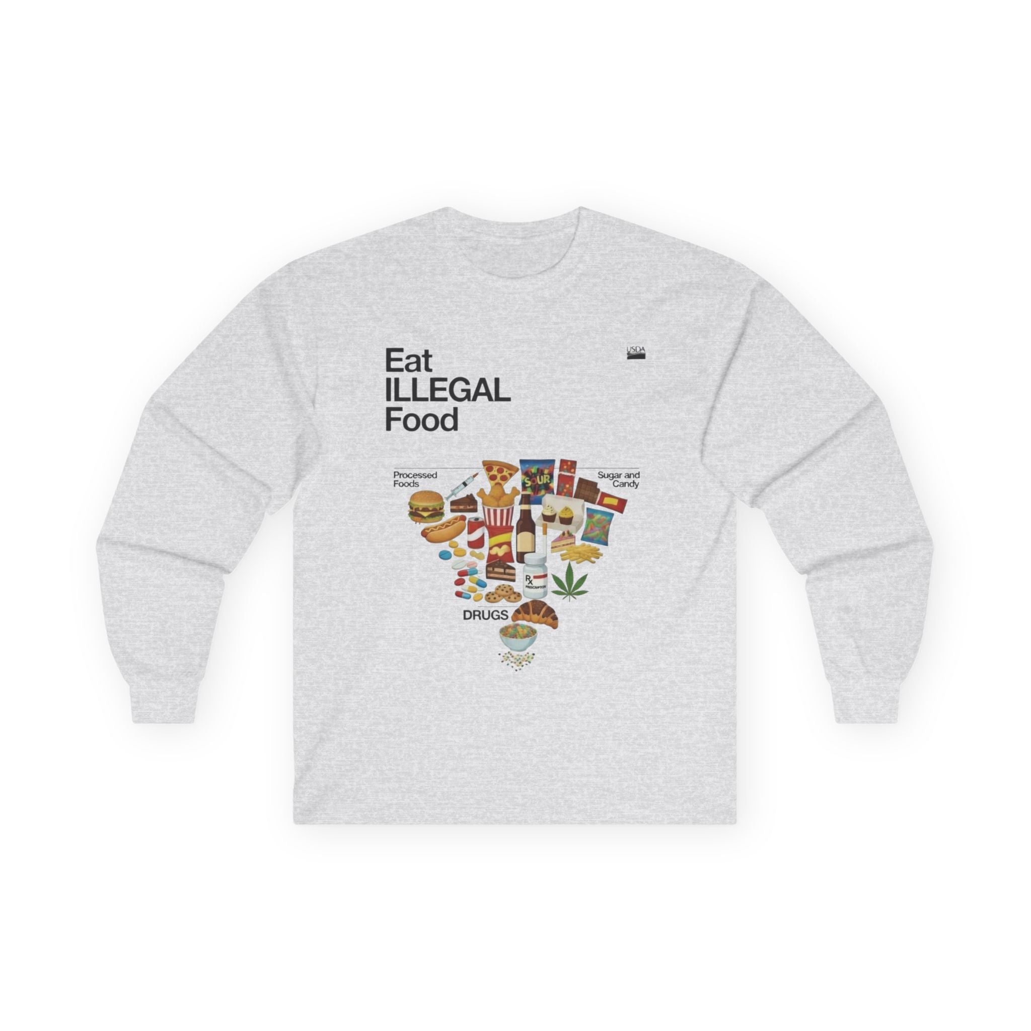 Eat Illegal Food long sleeve tee | Illustration of exotic snacks, food icons