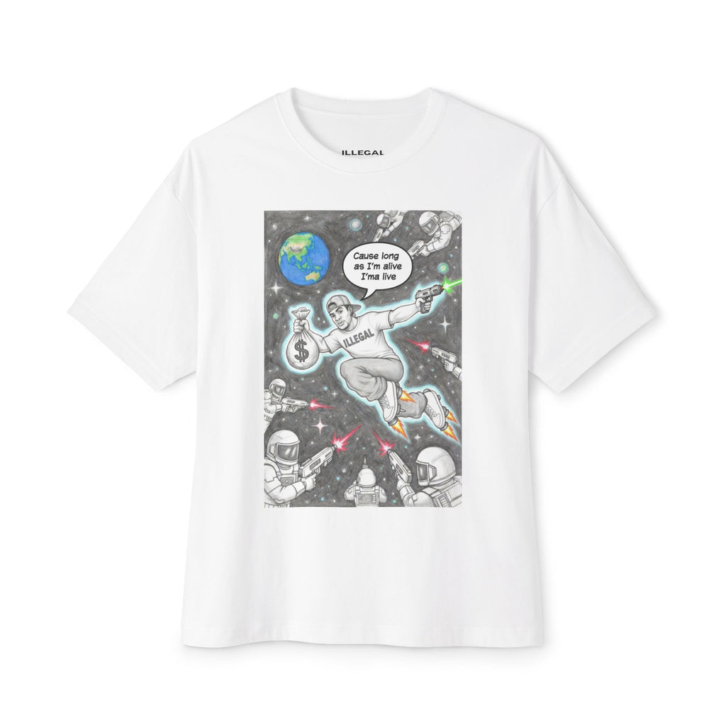 Live ILLEGAL Astronaut Skateboarder Illustration Tee | Space Skateboard Graphic Tee