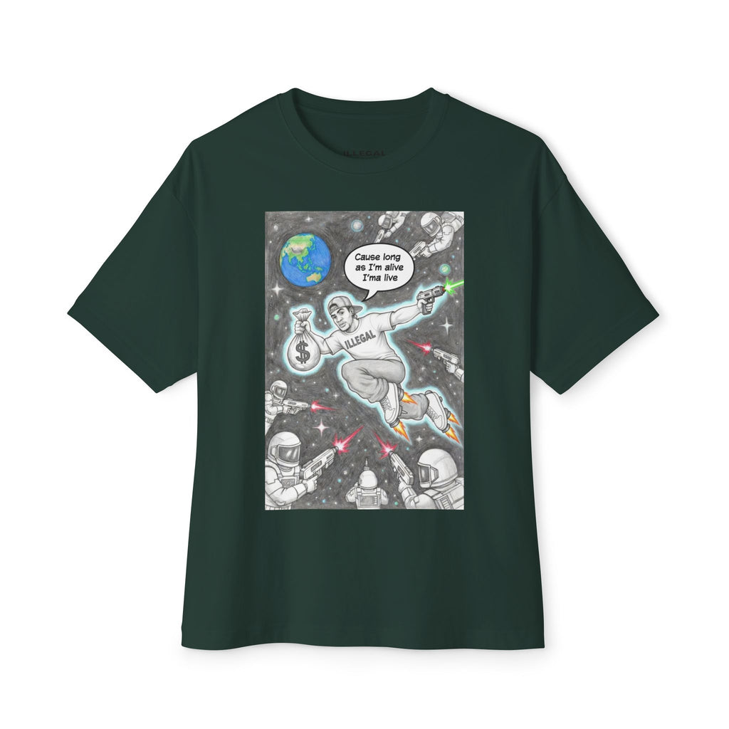 Live ILLEGAL Astronaut Skateboarder Illustration Tee | Space Skateboard Graphic Tee