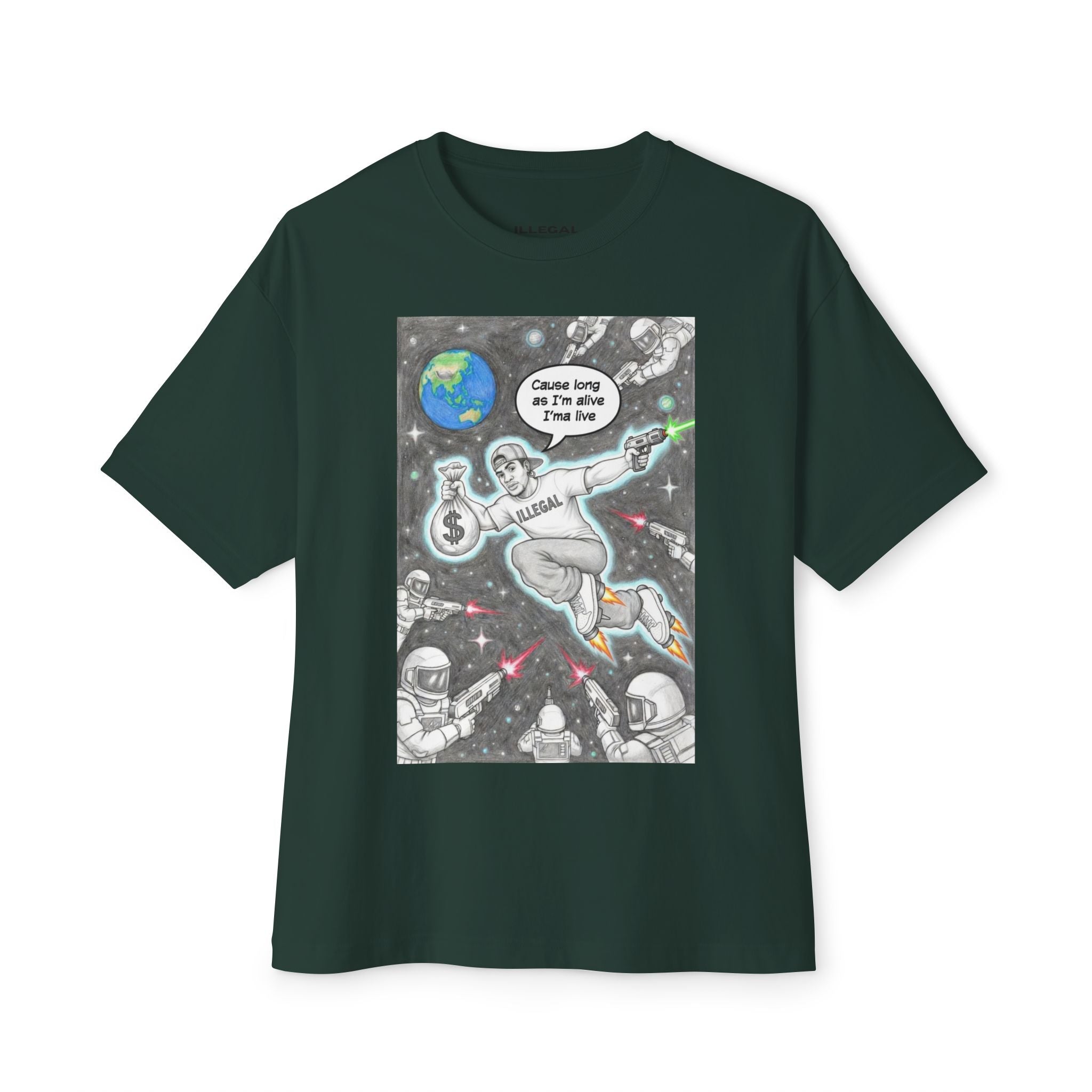 Live ILLEGAL Astronaut Skateboarder Illustration Tee | Space Skateboard Graphic Tee